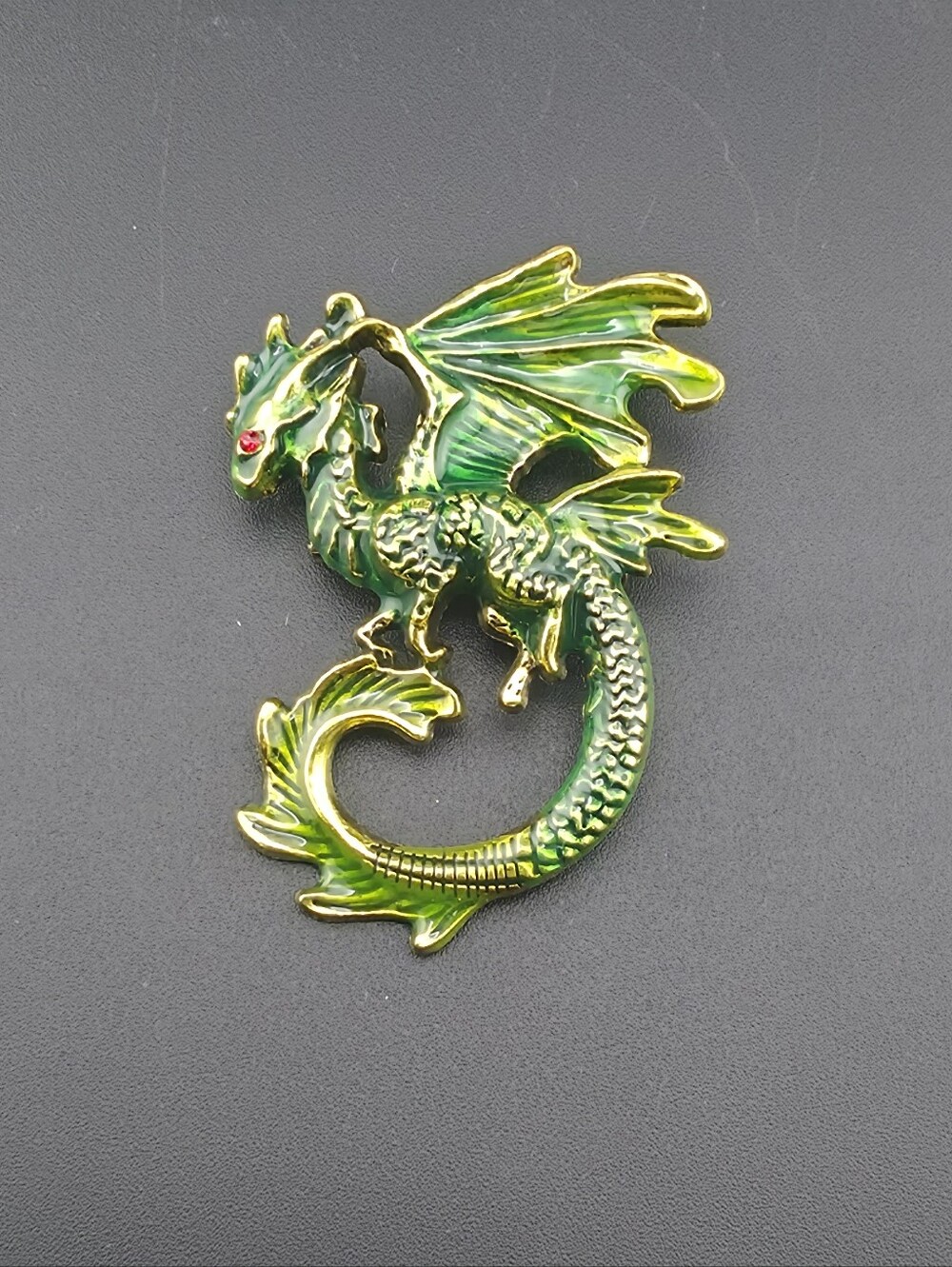 Fun Green Enamel Dragon Crystal Accents Brooch Pin 2.25" Golden